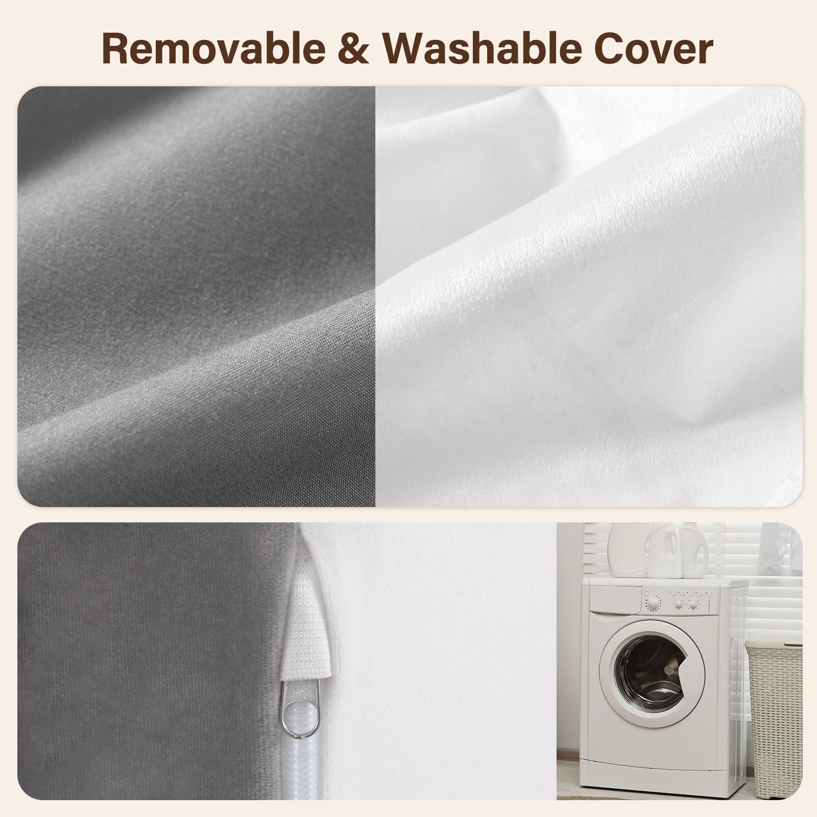 Vekkia removable cover zipper view highlighting machine-washable fabric for simple cleaning