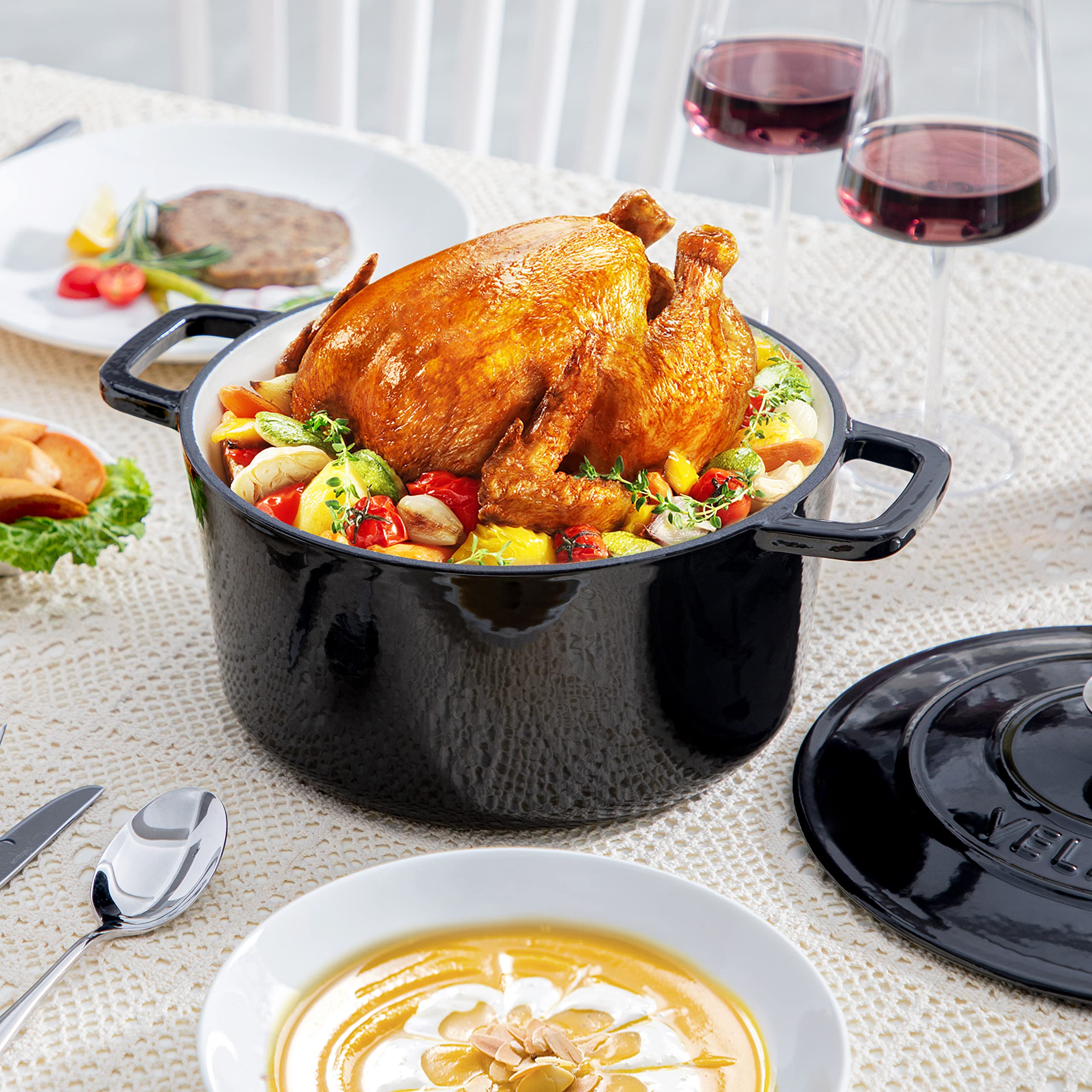 Velaze size comparison with fruit illustrating 6-quart capacity for family meals