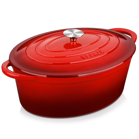 Velaze front overall view in red showing durable cast-iron and attractive kitchen-ready finish