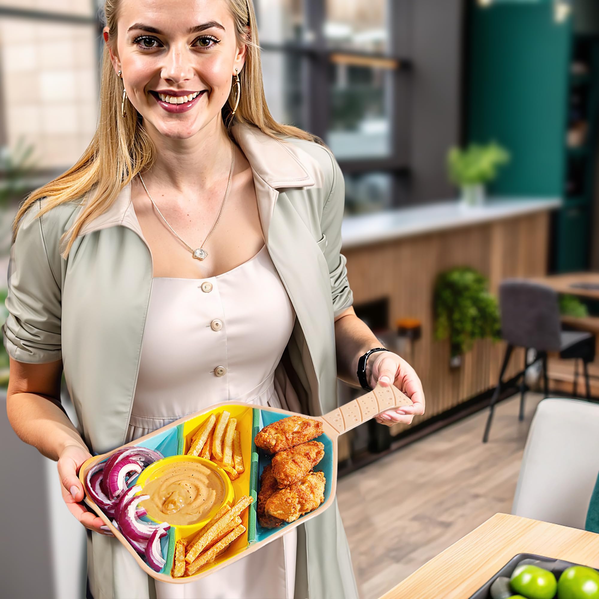 VELENTI tray filled with chips, veggies, and dips illustrating organized entertaining