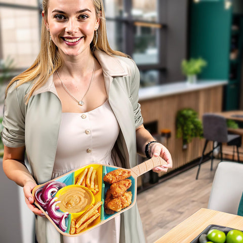 VELENTI tray filled with chips, veggies, and dips illustrating organized entertaining