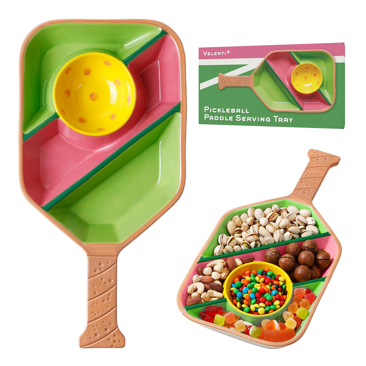 VELENTI front view of paddle-shaped tray showing compartments and handle for convenient serving