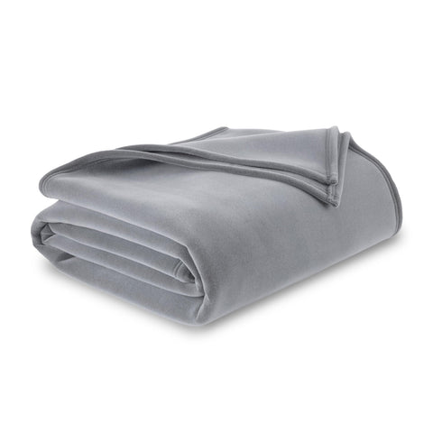 Vellux front view of full/queen grey blanket showing generous coverage and neat drape