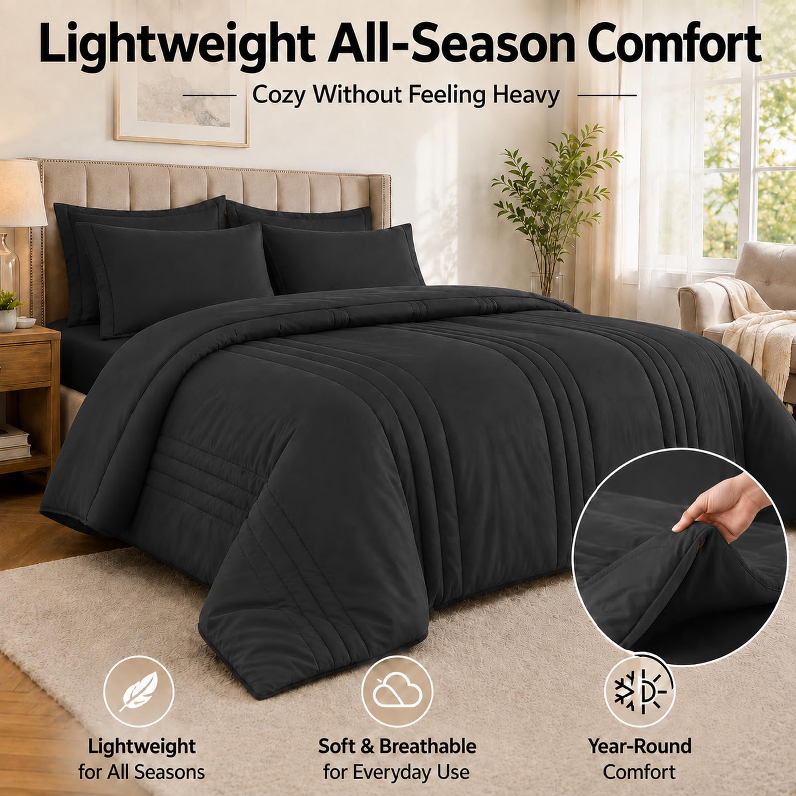 Velorose comforter in bedroom setting illustrating cozy look and modern black tone
