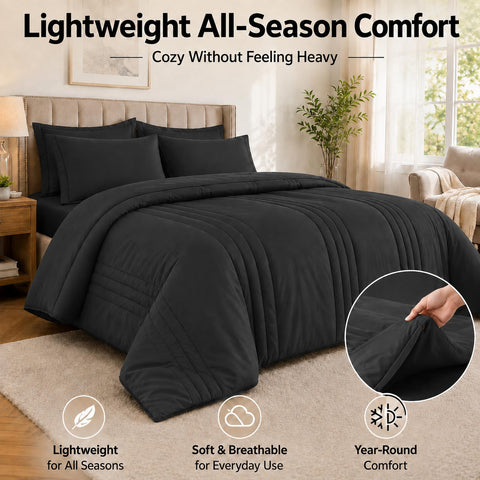 Velorose comforter in bedroom setting illustrating cozy look and modern black tone