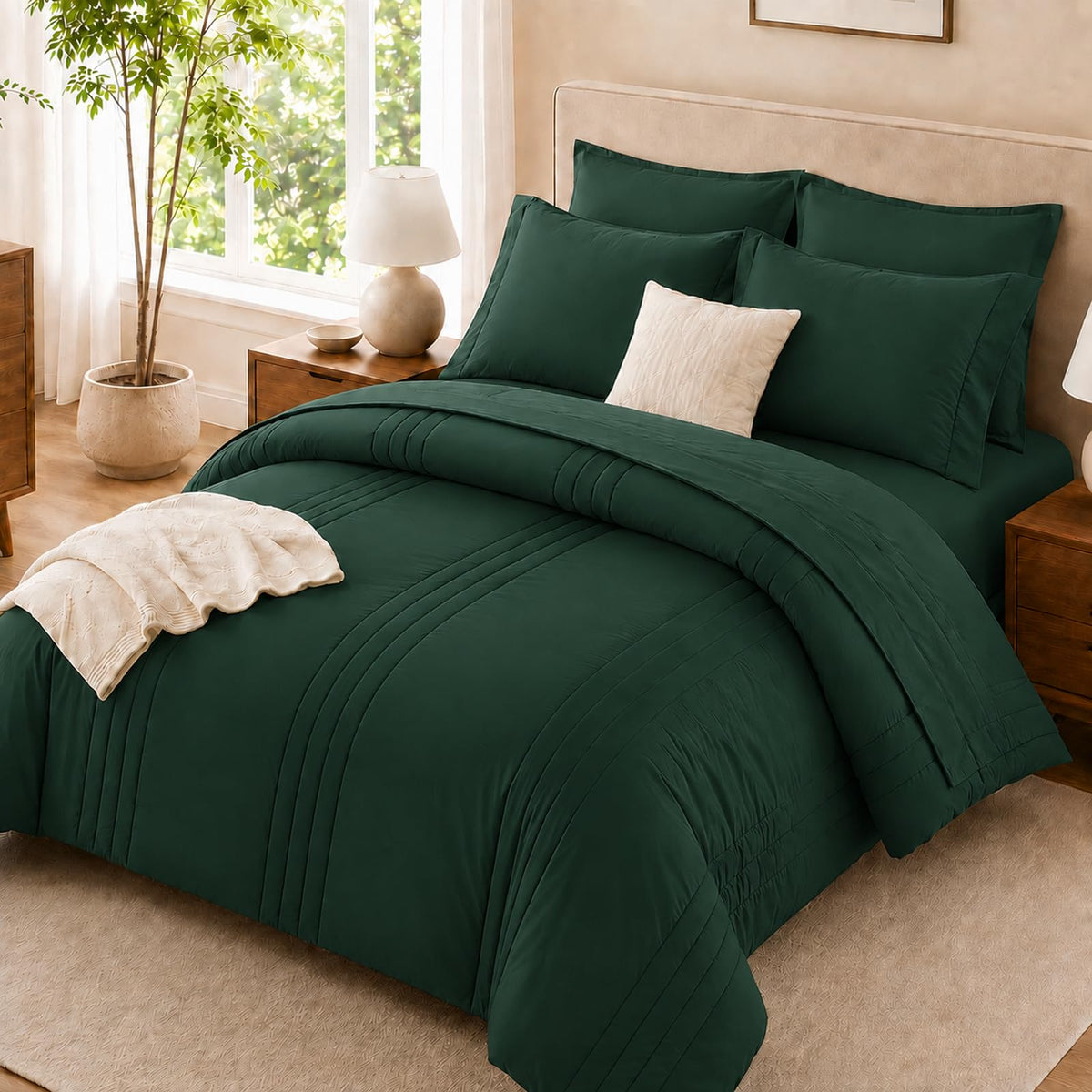 Velorose front view of emerald green queen set showing coordinated bedding and refined look