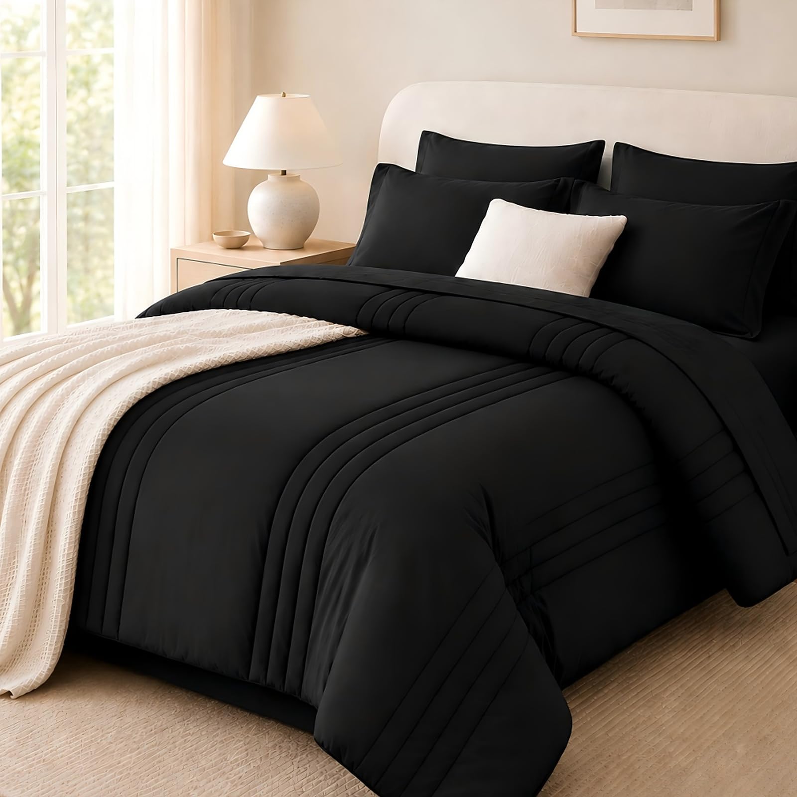Velorose front view of black queen comforter set showing neat styling and comfort