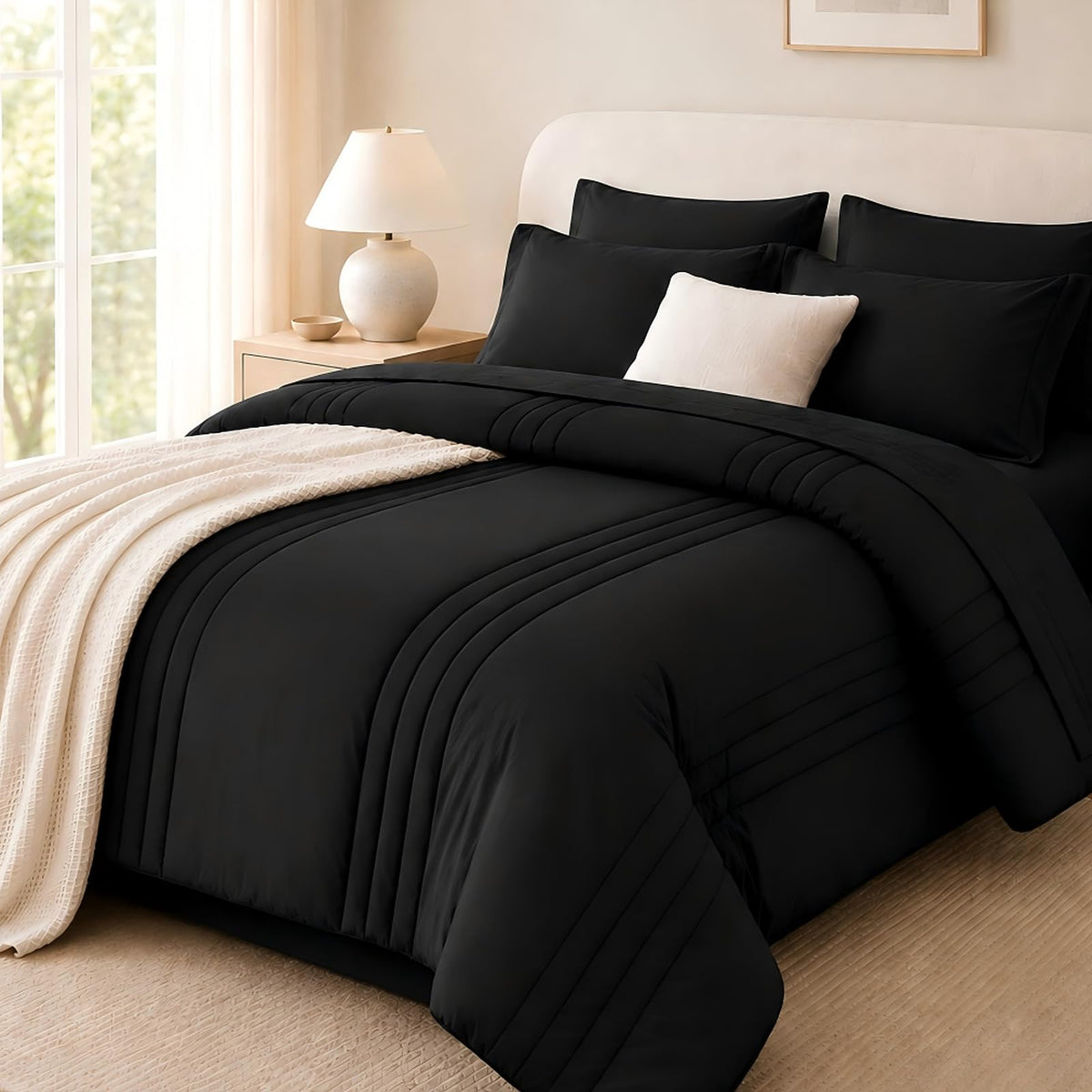 Velorose front view of black queen comforter set showing neat styling and comfort