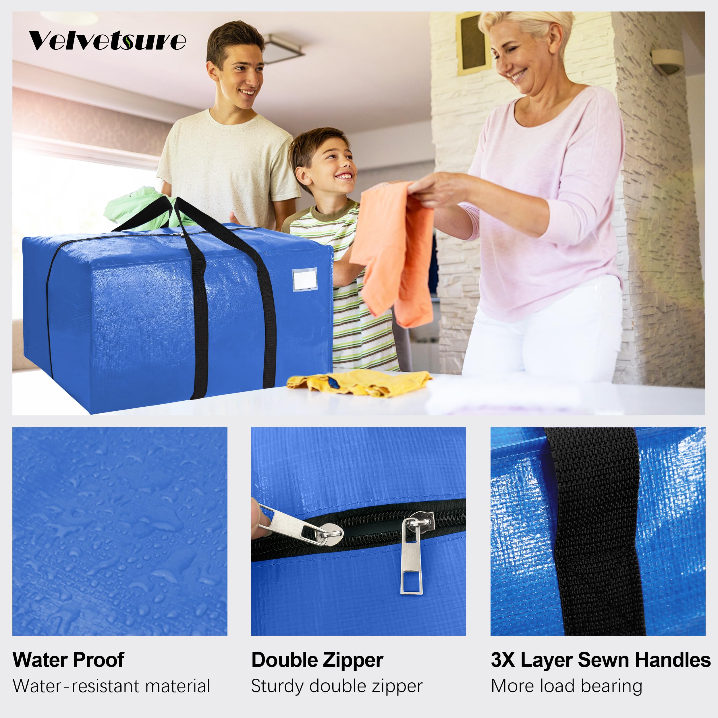 VELVETSURE wide webbing handles detail showing reduced hand strain when carrying heavy loads