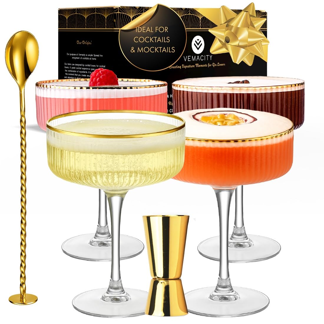 VEMACITY front packaging showing full coupe glass set and tools for attractive gifting