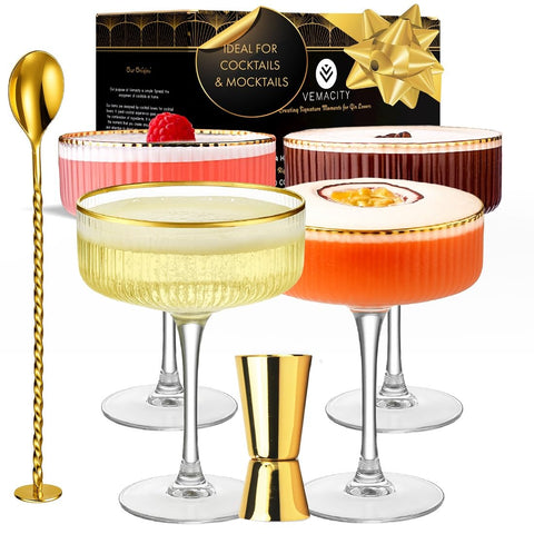 VEMACITY front packaging showing full coupe glass set and tools for attractive gifting