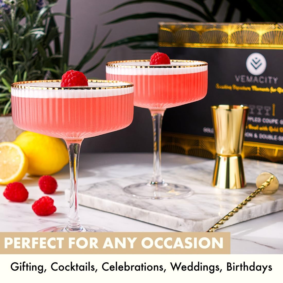 VEMACITY glasses with jigger and bar spoon included for precise cocktail making