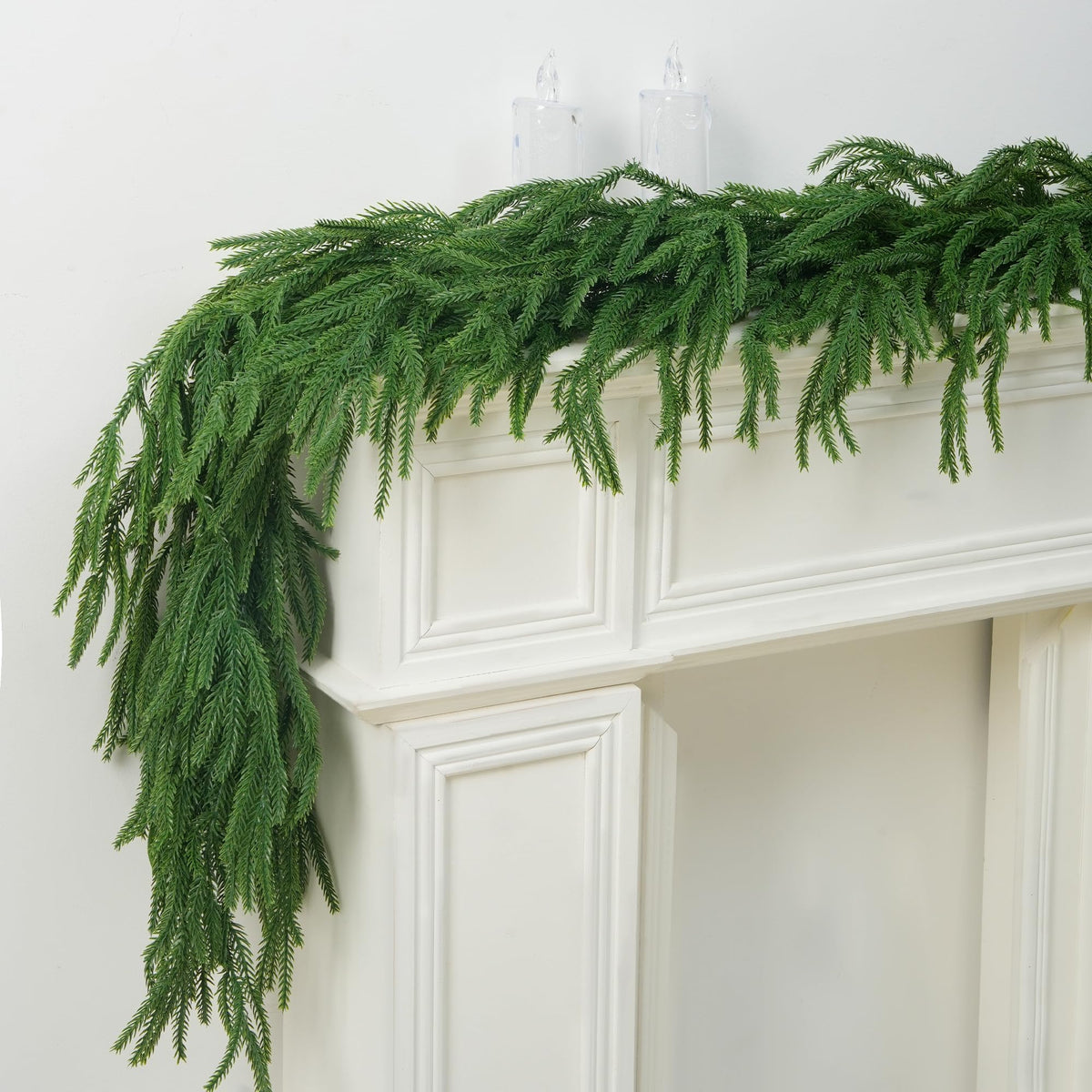 Vemander front view of two packaged 9ft garlands shows ready-to-use festive greenery