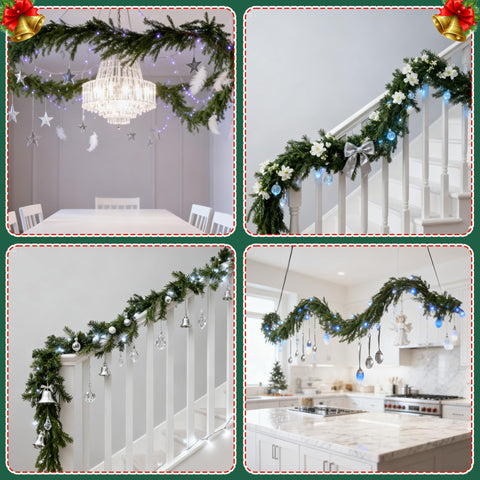 Vemander garland on covered porch enhancing curb appeal and seasonal styling