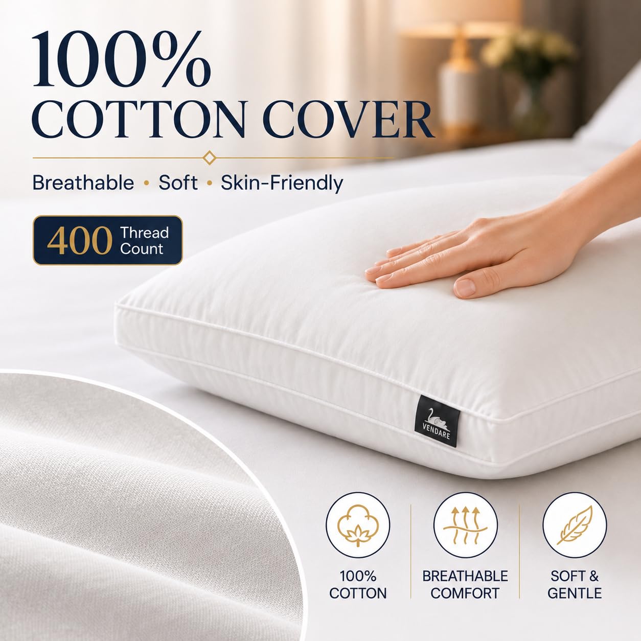 Vendare pillows styled on master bed conveying hotel-grade sleep comfort