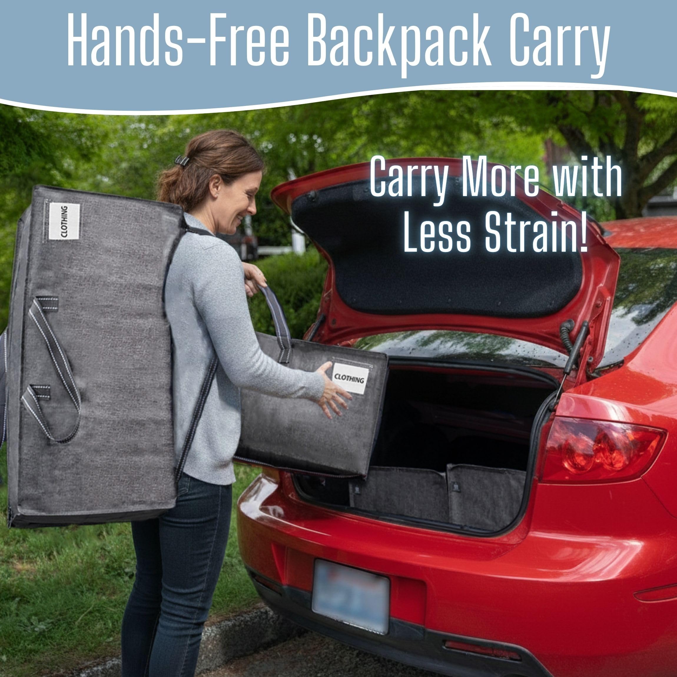 VENO filled bag beside a chair showing size and capacity benefit: packs more per trip