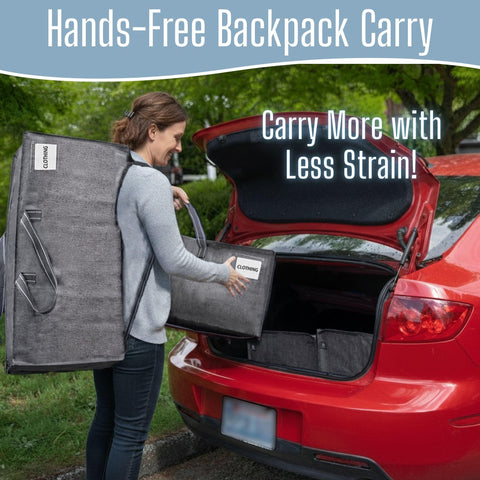 VENO filled bag beside a chair showing size and capacity benefit: packs more per trip