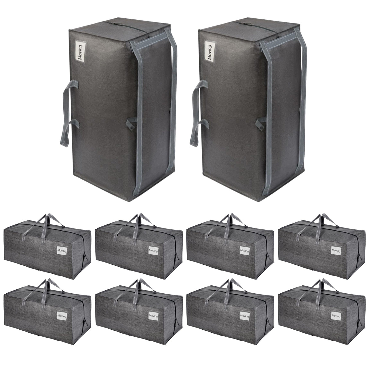 VENO front view of ten-pack heavy duty moving bags shows space-saving design