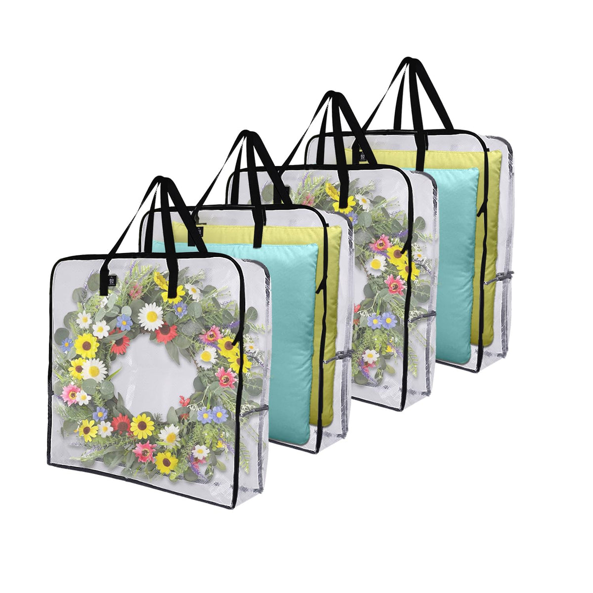 VENO front view showing four clear square wreath bags and neat storage