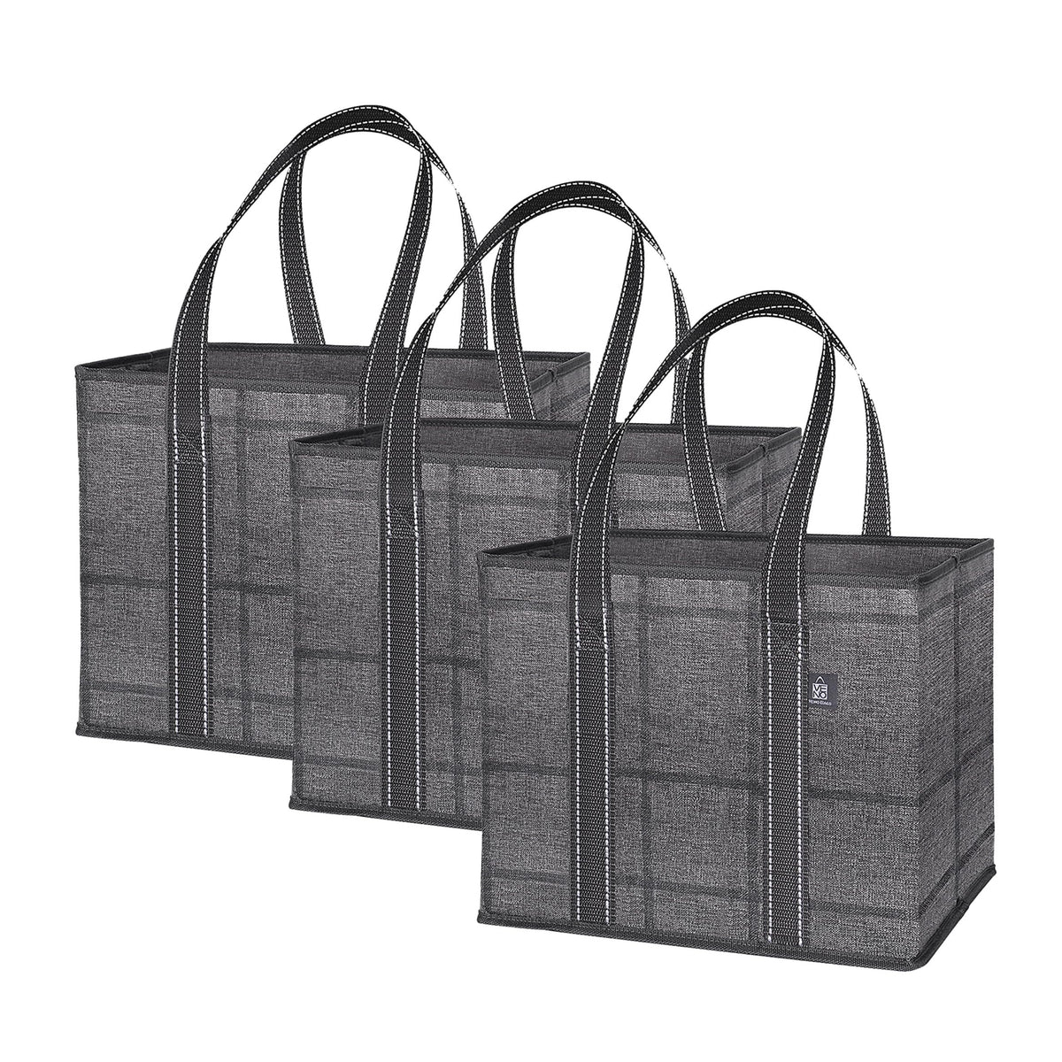 VENO front view of three upright reusable bags showing sturdy shape and storage benefit
