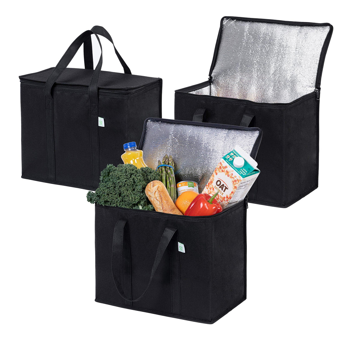 VENO front view of three insulated grocery bags showing capacity and color
