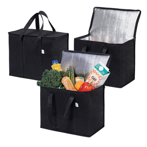VENO front view of three insulated grocery bags showing capacity and color