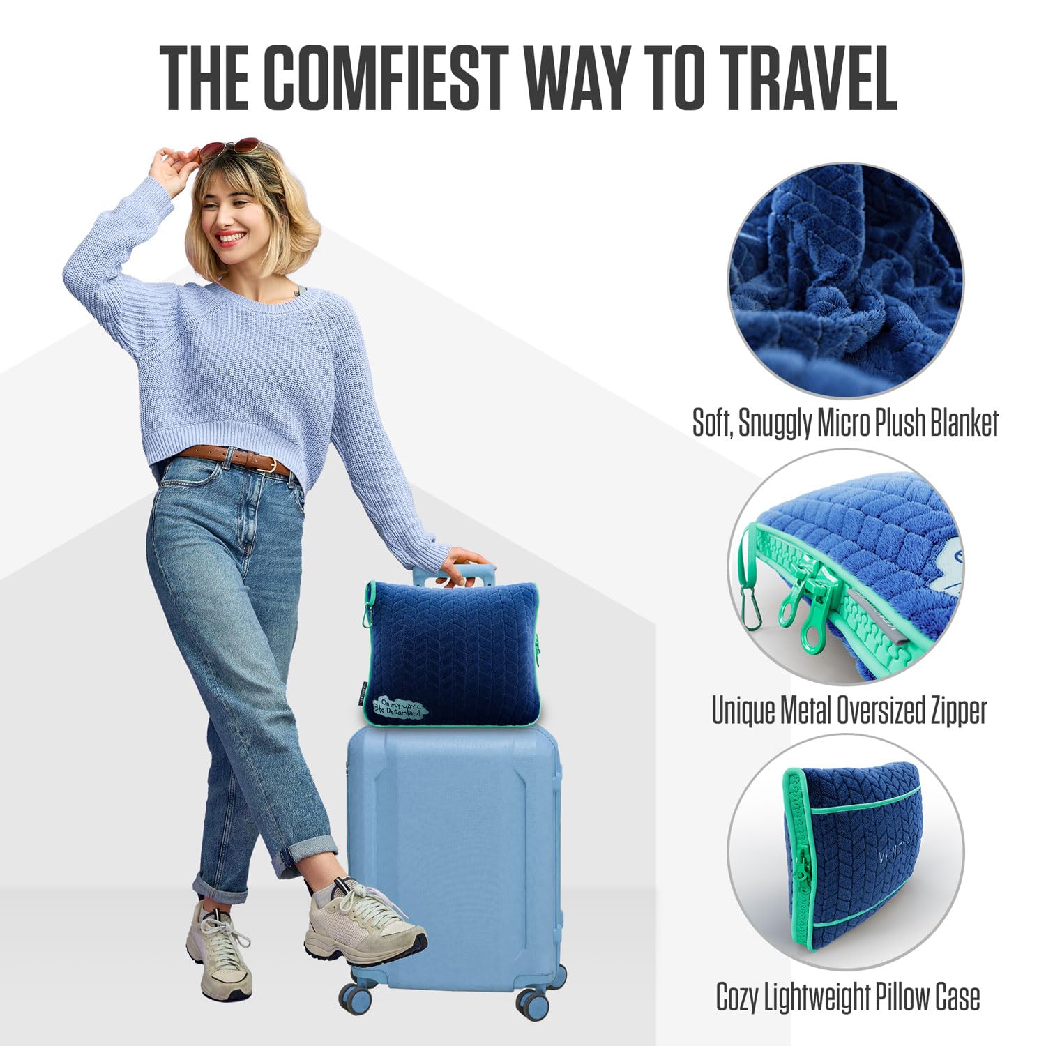 VENTURE 4TH folded into pillow held in hand illustrating portable support for neck