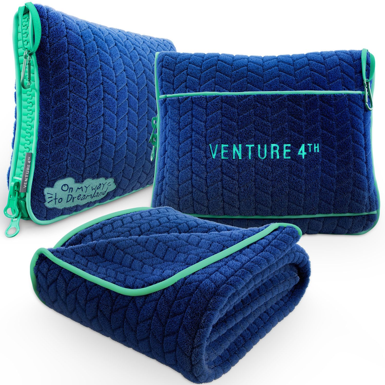 VENTURE 4TH front view of navy teal travel blanket pillow showing packable design and color