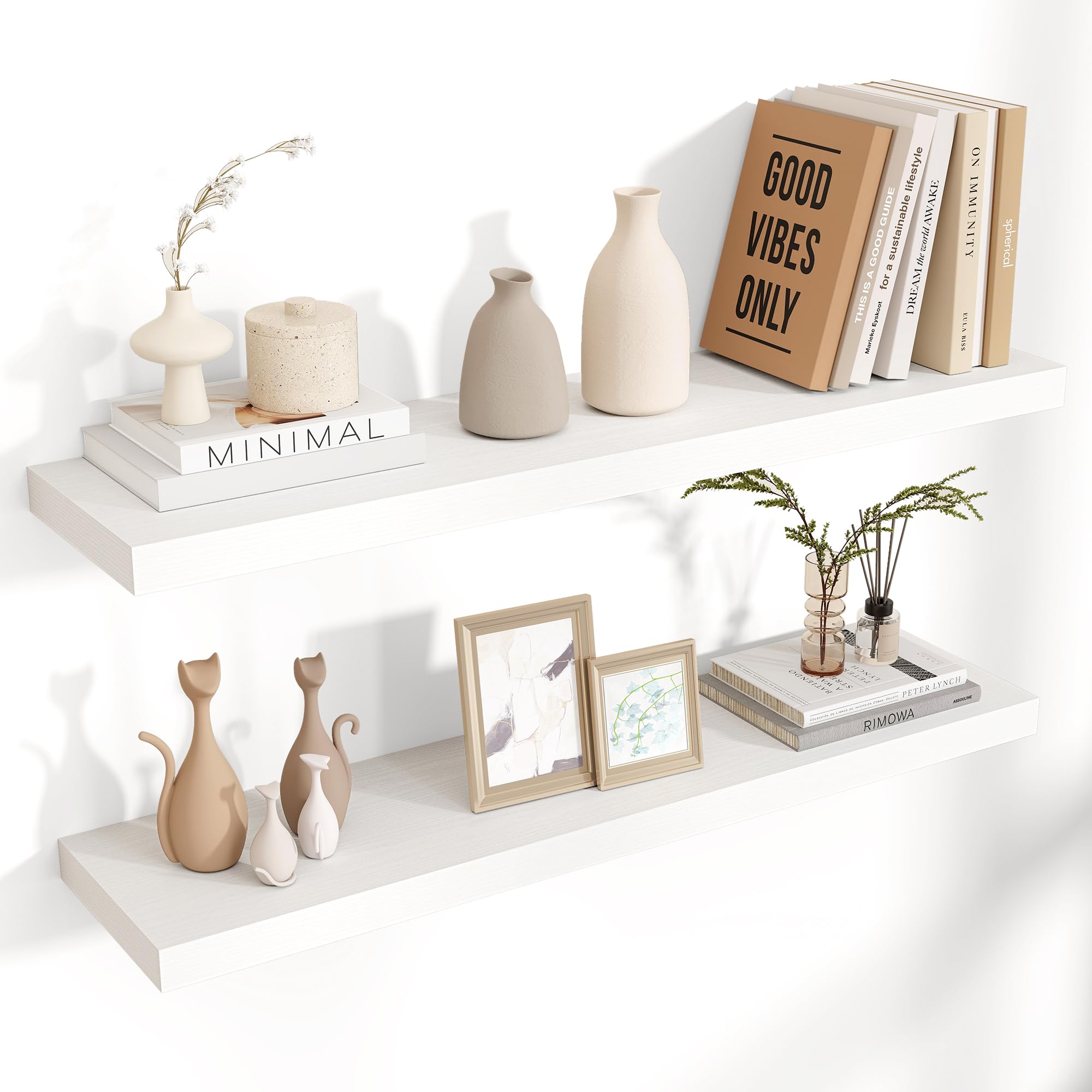 Venusmiles front view of 36-inch white floating shelves showcasing neat storage