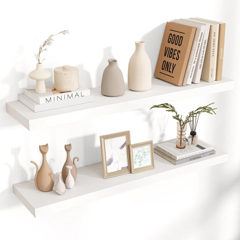 Venusmiles front view of 36-inch white floating shelves showcasing neat storage