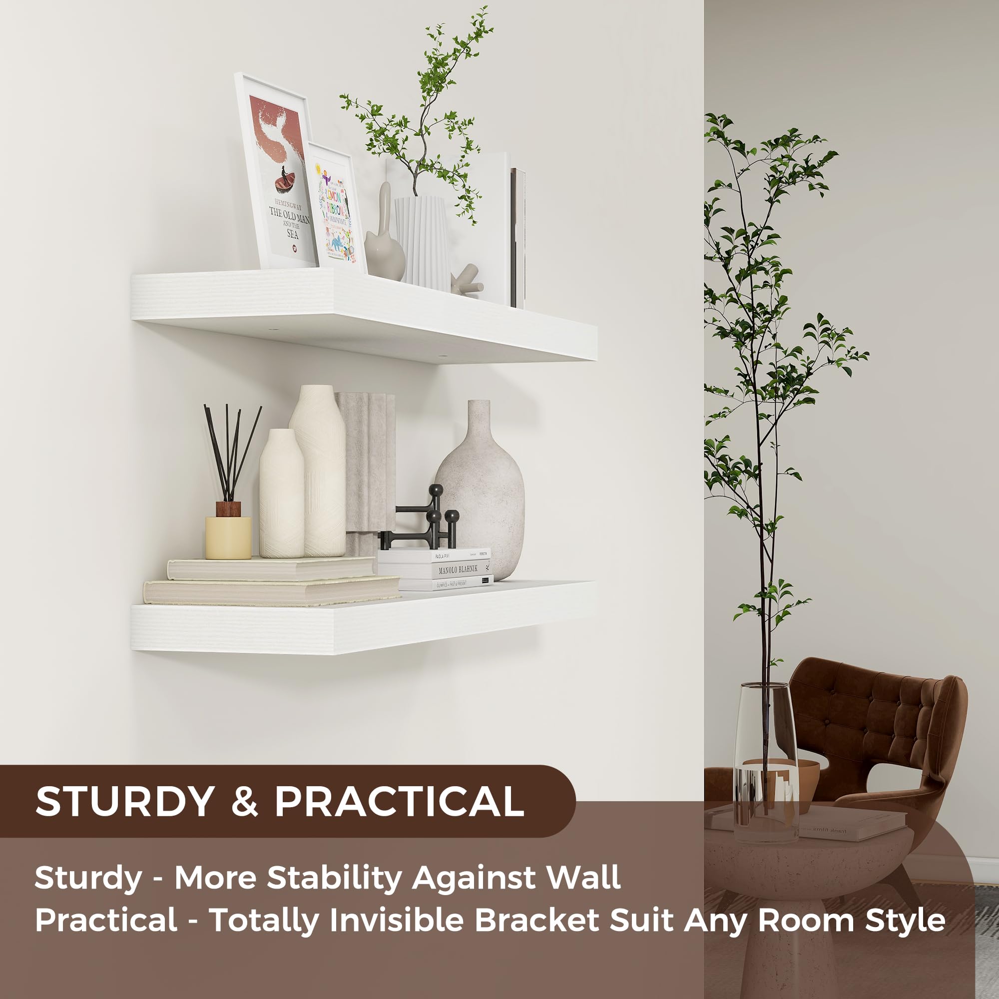 Venusmiles shelves in living room holding decor to maximize wall space