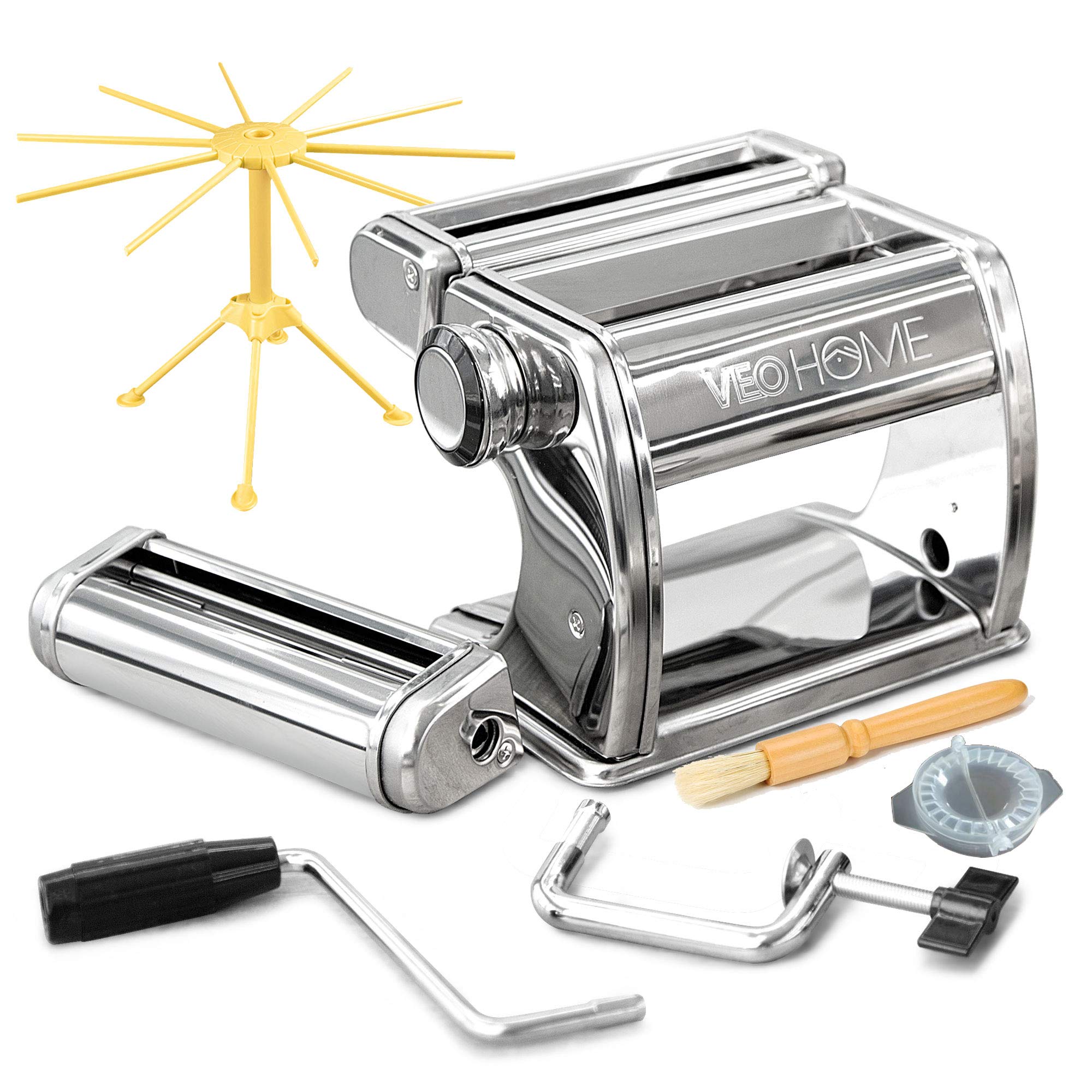 VeoHome front view of stainless steel pasta maker showing clean design and stability