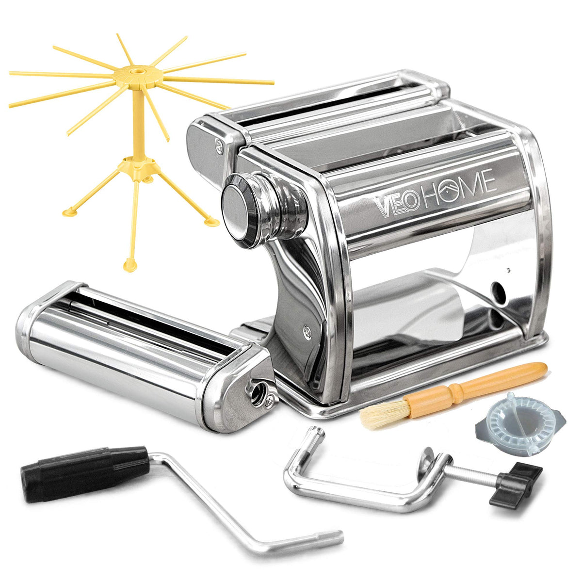 VeoHome front view of stainless steel pasta maker showing clean design and stability