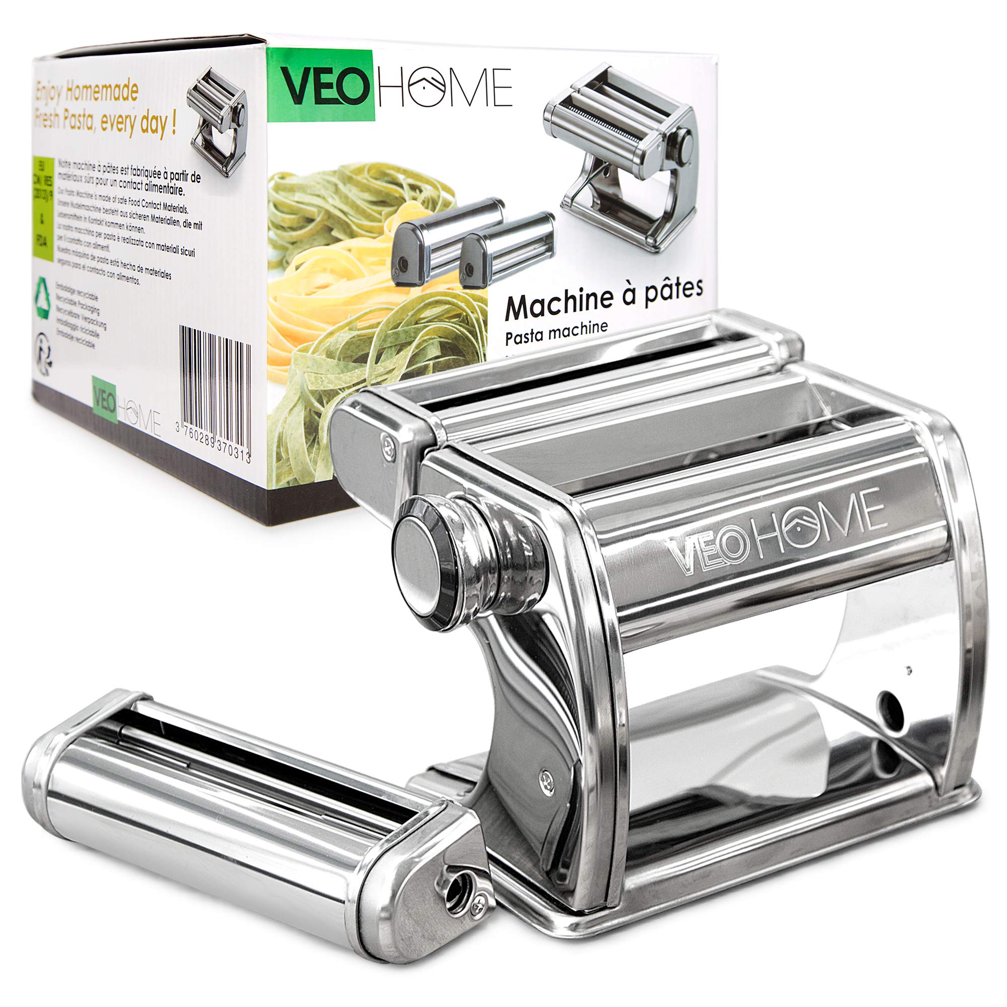 VeoHome pasta maker next to a hand for scale demonstrating compact kitchen fit