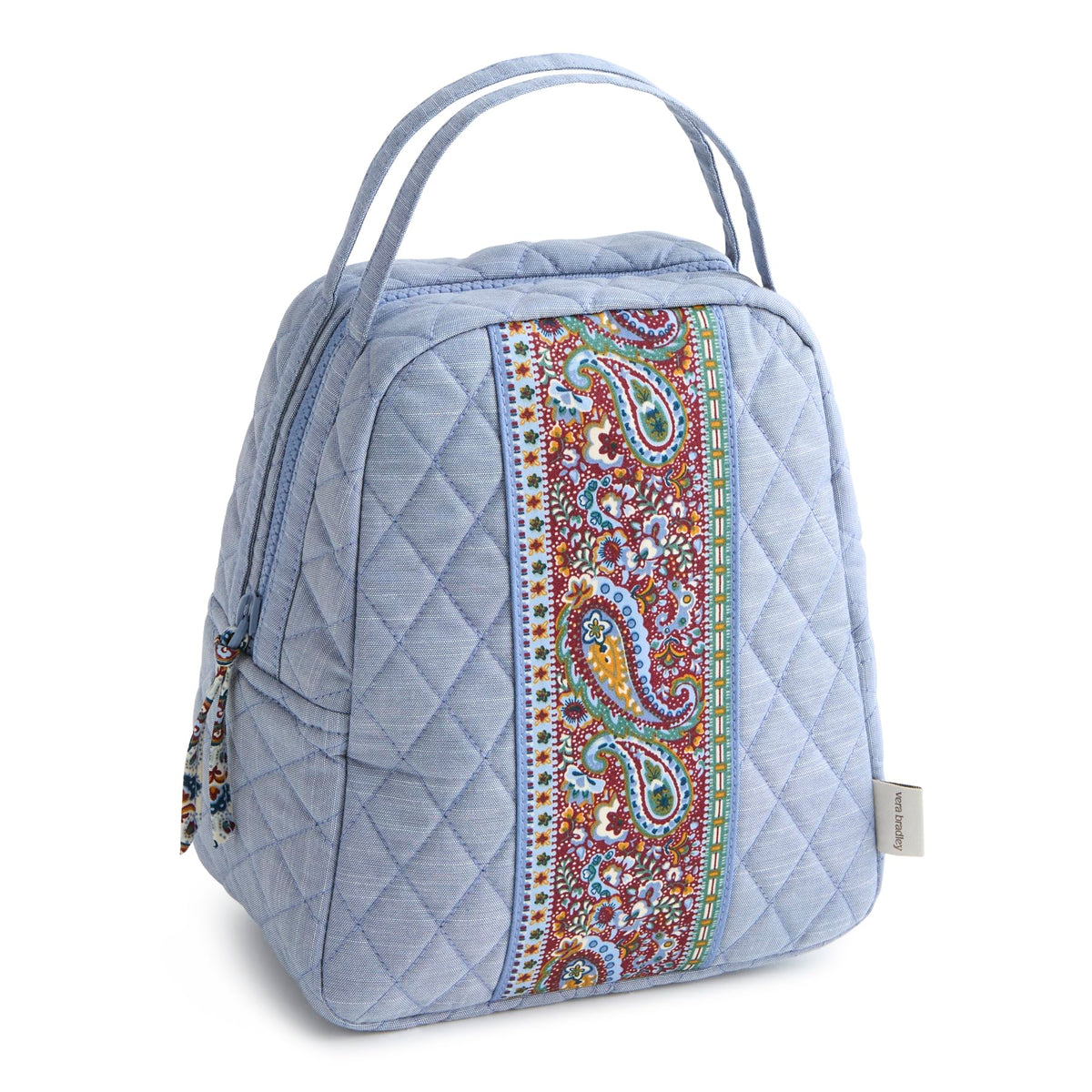 Vera Bradley chambray front view showing quilted cotton and compact shape for stylish meals