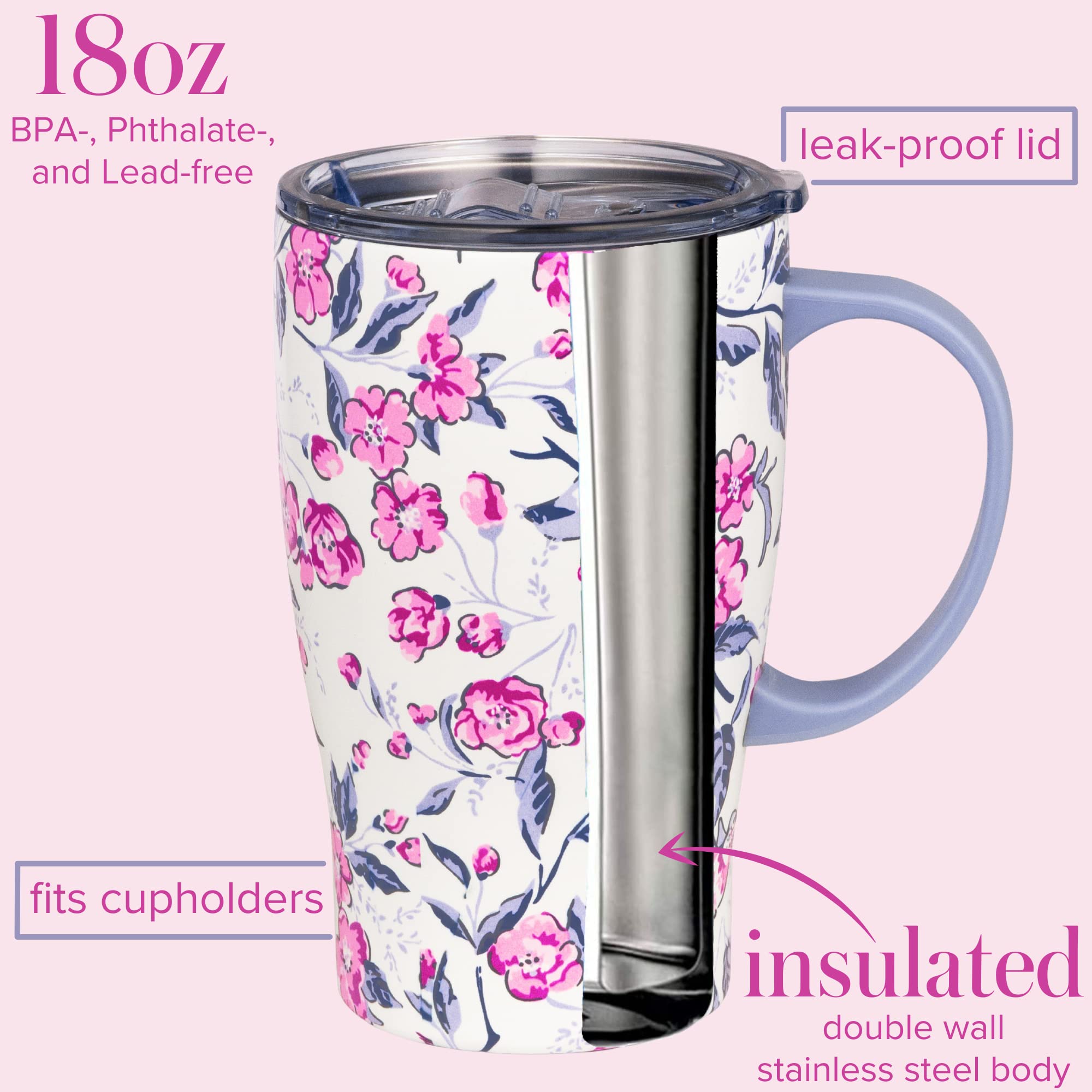 Vera Bradley tumbler in car cupholder demonstrating fit and commuting convenience