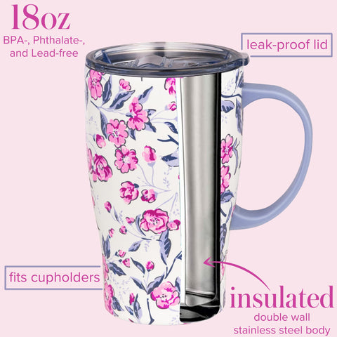 Vera Bradley tumbler in car cupholder demonstrating fit and commuting convenience