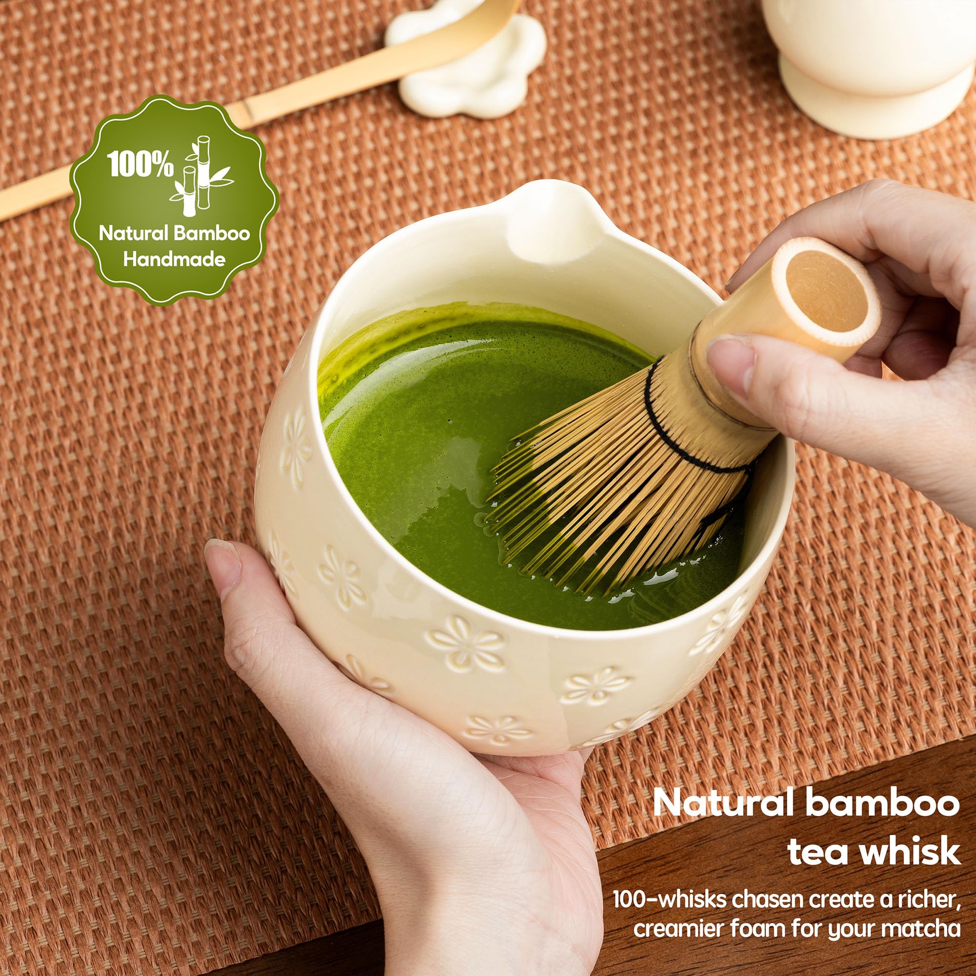 Veraelle bamboo scoop and rest arranged for measured, tidy matcha preparation