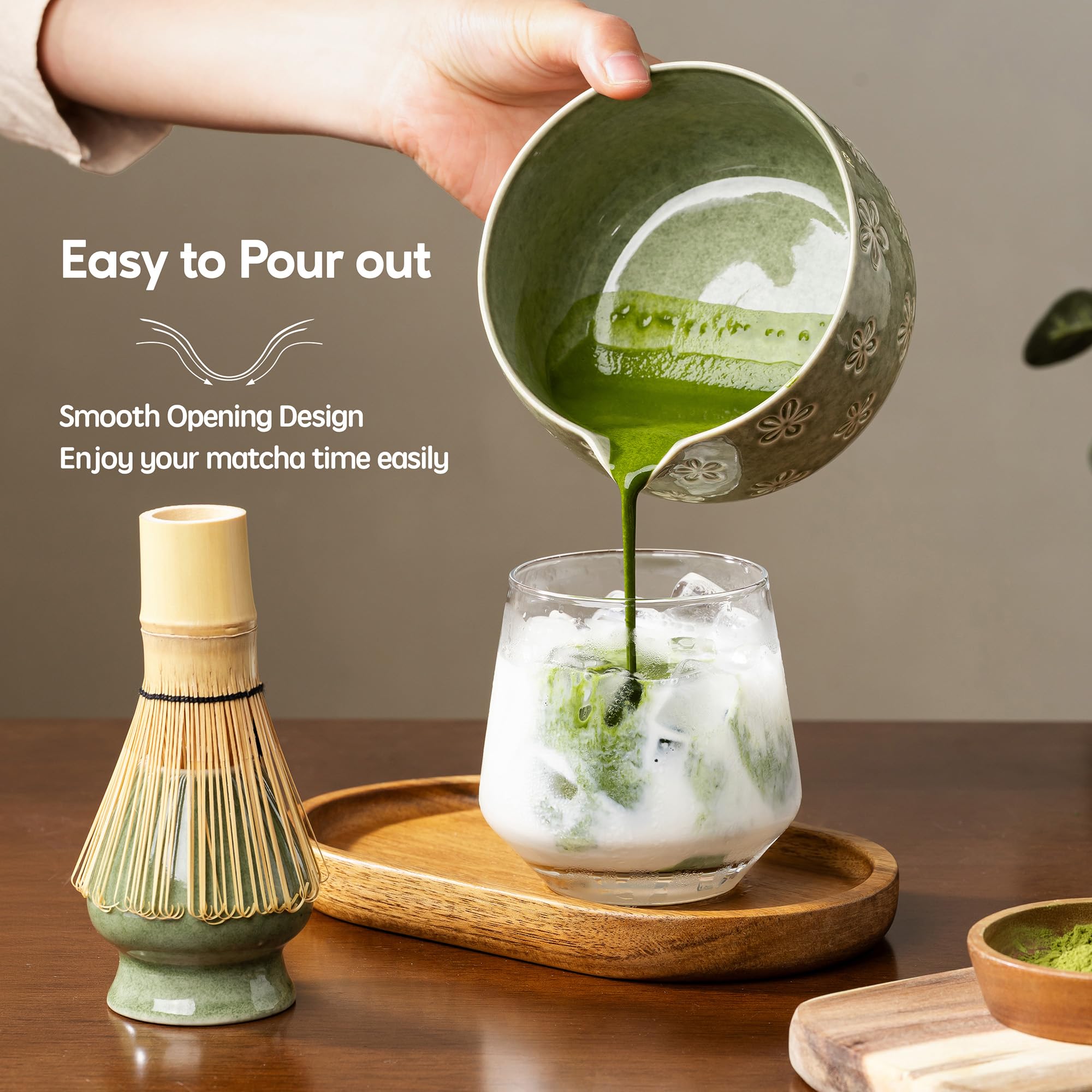 Veraelle bamboo whisk and holder highlighting 100-prong whisk for frothy texture