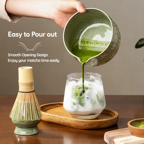 Veraelle bamboo whisk and holder highlighting 100-prong whisk for frothy texture