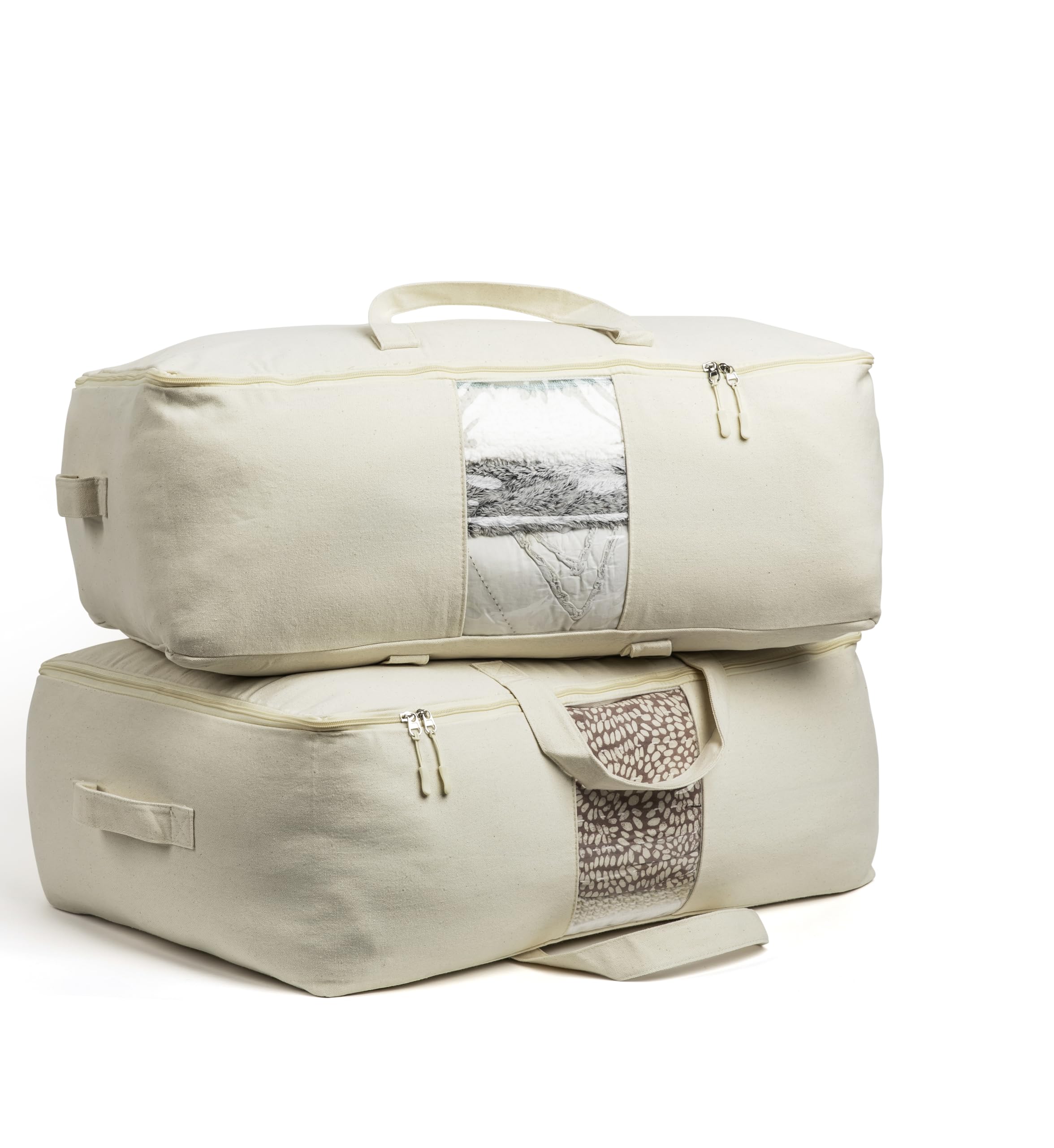 VeraMia front-facing canvas storage bag showing zipper and handles for easy transport