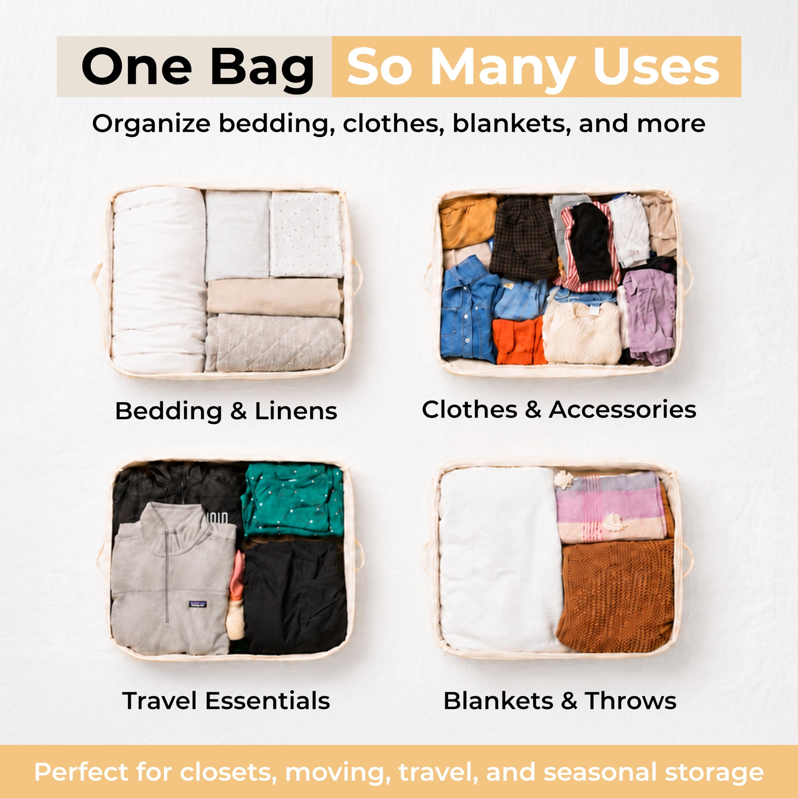 VeraMia storage bag staged in bedroom offering organized seasonal storage