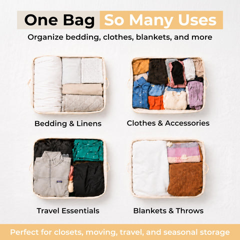 VeraMia storage bag staged in bedroom offering organized seasonal storage