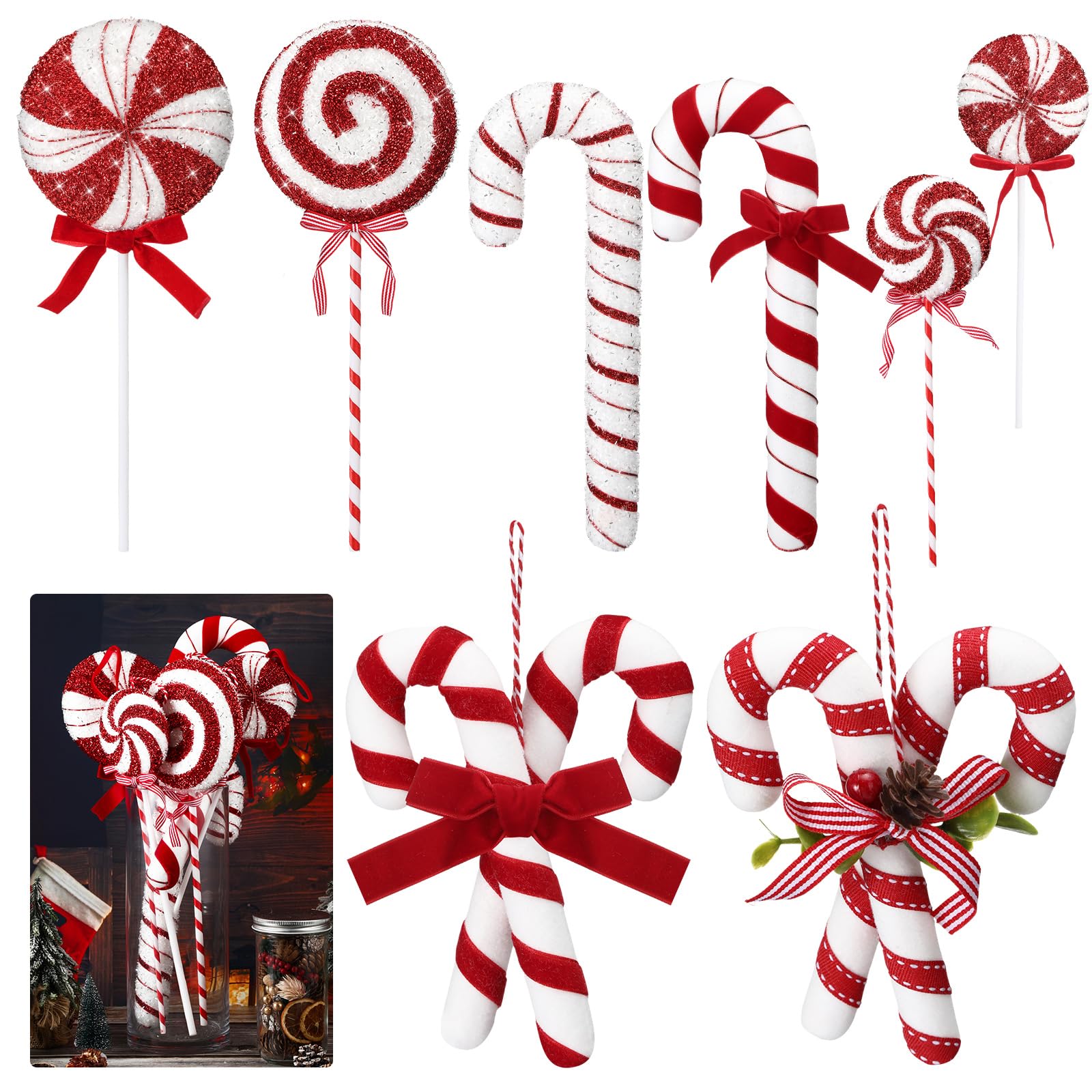 Vercraft front view of eight candy cane picks showing bright festive appeal
