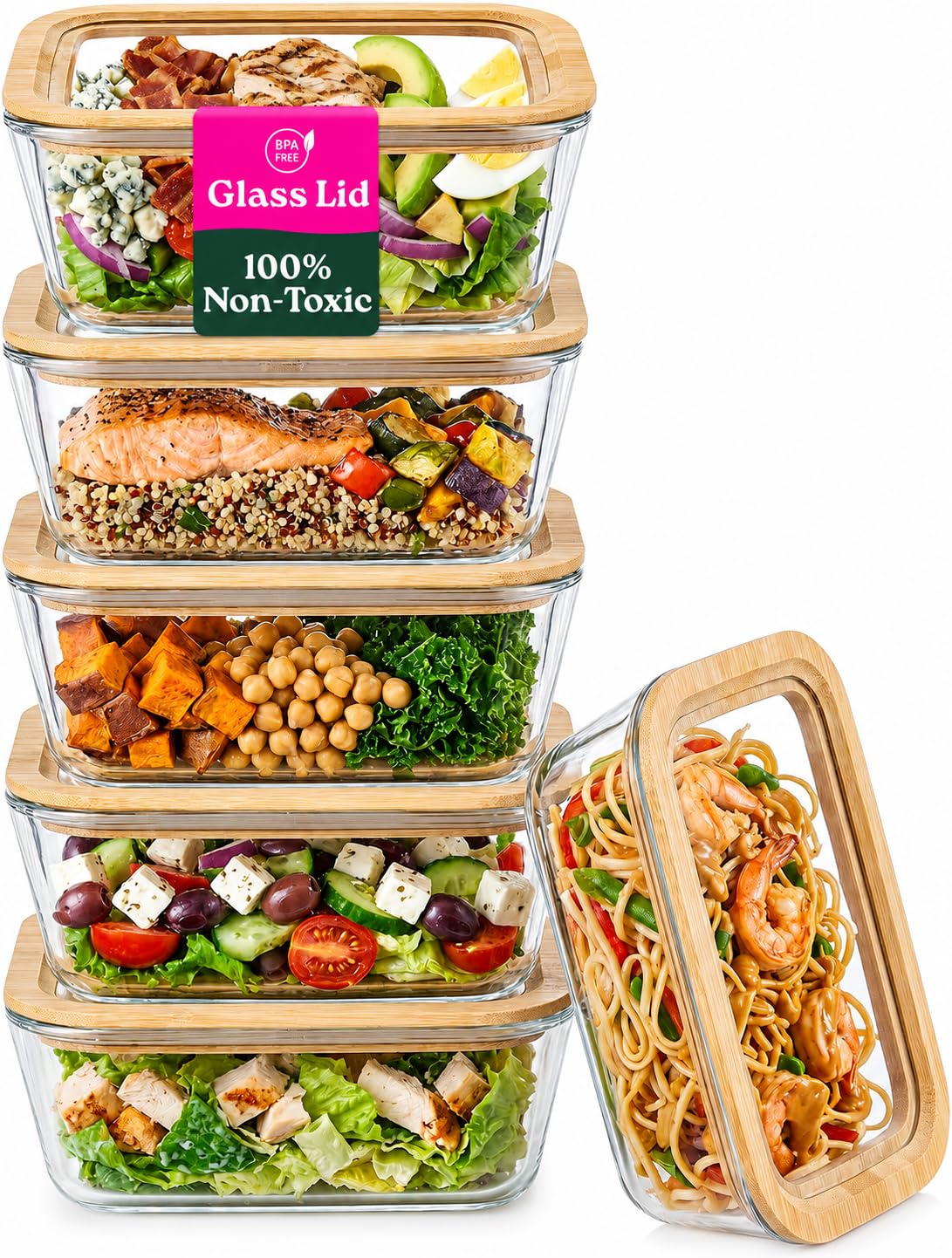 VERDESSA front view of six-pack containers showing glass lids and bamboo rim, organized