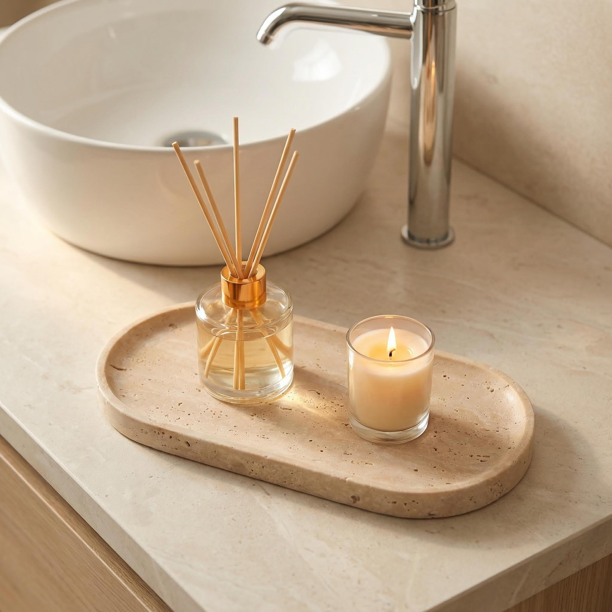 VEROBELL tray staged on bathroom counter holding perfumes for tidy organization