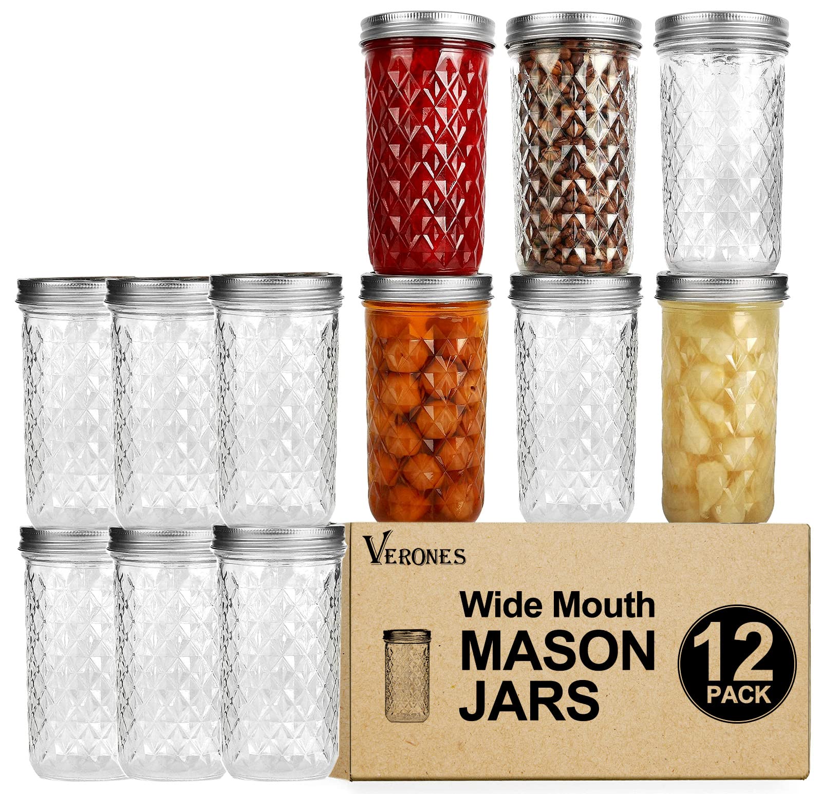 VERONES front view of 12-pack jars showing durable glass and silver lids for organized storage