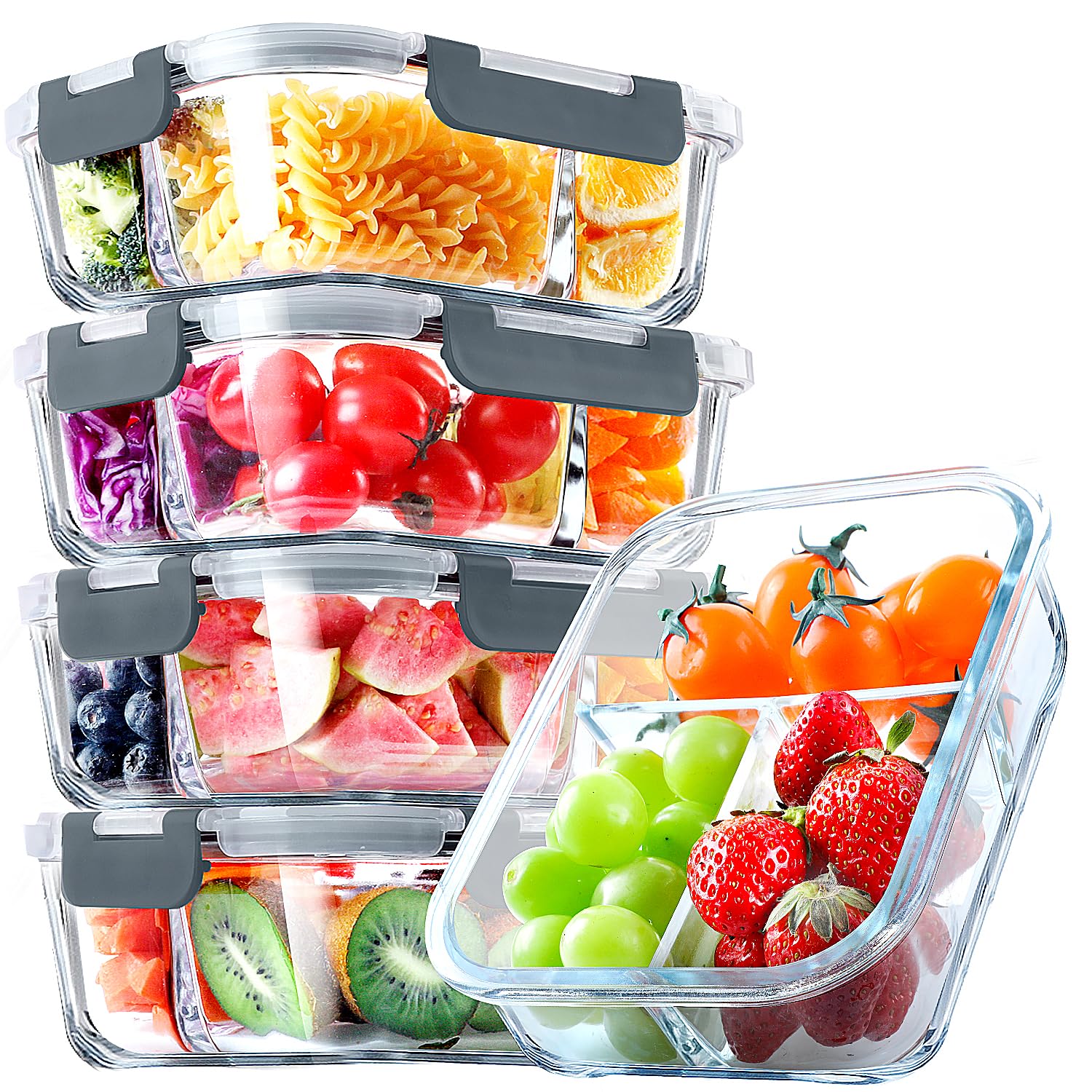 VERONES front view of five 36 oz glass containers showing three compartments and lids, organized storage benefit