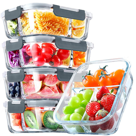 VERONES front view of five 36 oz glass containers showing three compartments and lids, organized storage benefit