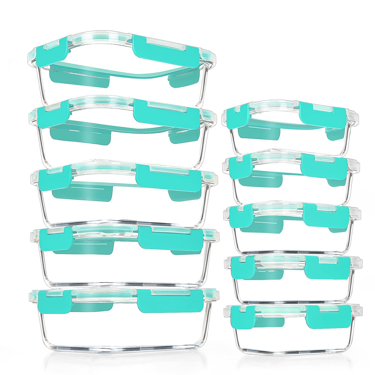 VERONES front view of full 10-pack set showing glass containers and green lids for organized storage